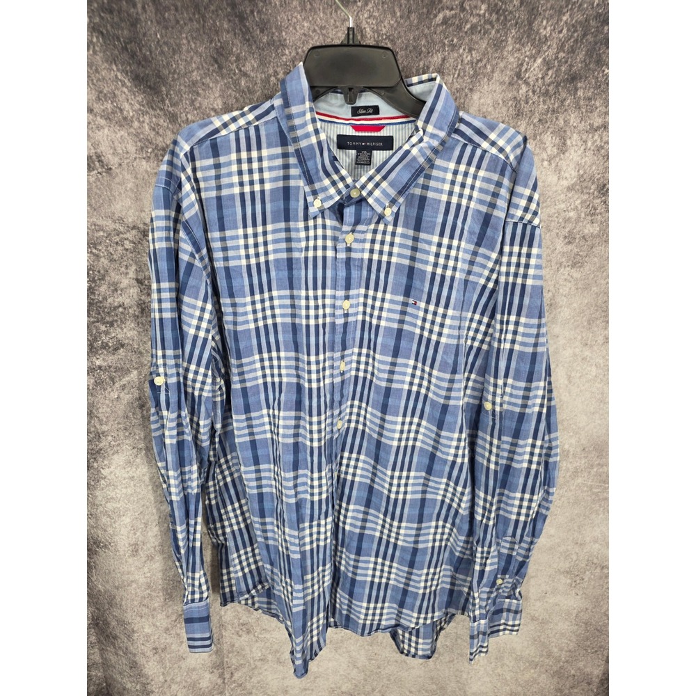 Tommy Hilfiger Shirt Mens 2XL Blue Plaid Slim Fit Preppy Americana Smart Casual
